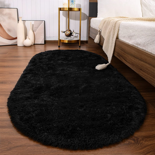 Softlife Fluffy Rugs for Bedroom, Shag Cute Area Rug for Girls and Kids Baby Room Home Decor, 2.6 x 5.3 Feet Oval Indoor Carpet for Nursery Dorm Living Room, Black