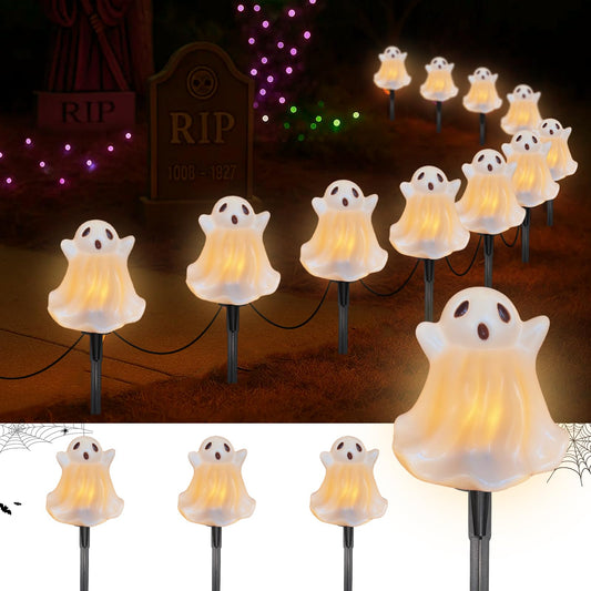 Halloween Pathway Lights Outdoor Decorations, 4PCS 3D Light-Up Ghost Garden Stake Lights, Waterproof Outdoor Lights for Yard, Lawn, Driveway, Halloween Decor