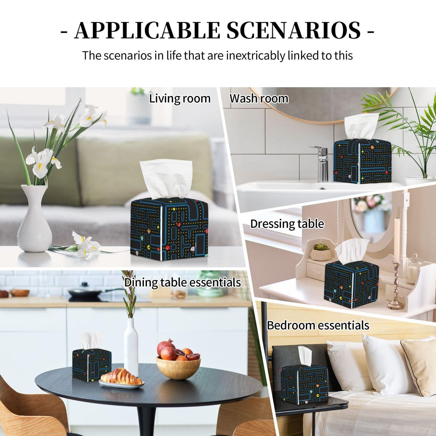 WCMYII Tissue Box Cover Retro Video Game Pattern Modern PU Leather Square Tissue Box Holder - Decorative Holder/Organizer for Bathroom Vanity Countertop, Night Stands, Office Desk & Car 5""X5""X5""