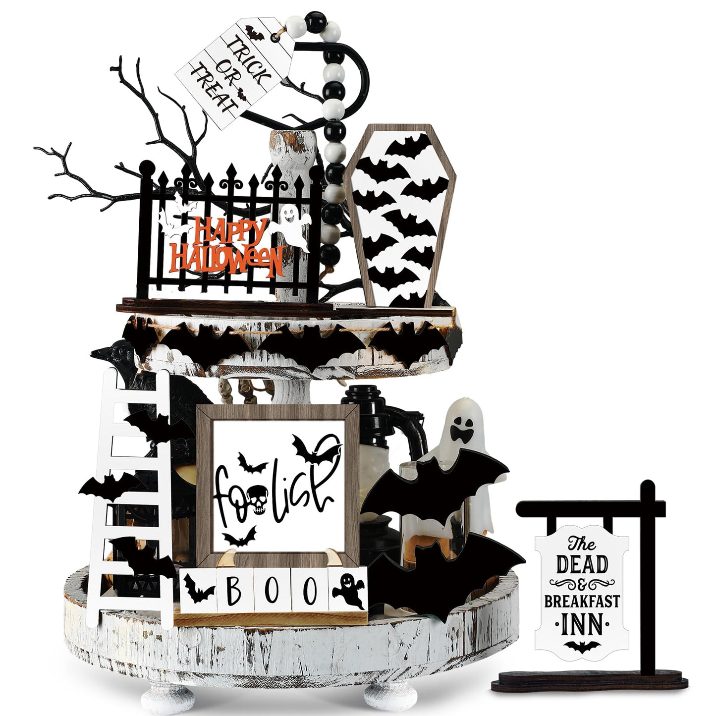 Umigy 15 Pcs Halloween Tiered Tray Decor Set Cute Ghost Tray Decorations Boo Halloween Wooden Signs Farmhouse Rustic Decoration for Home Table Party Supplies(Bat)