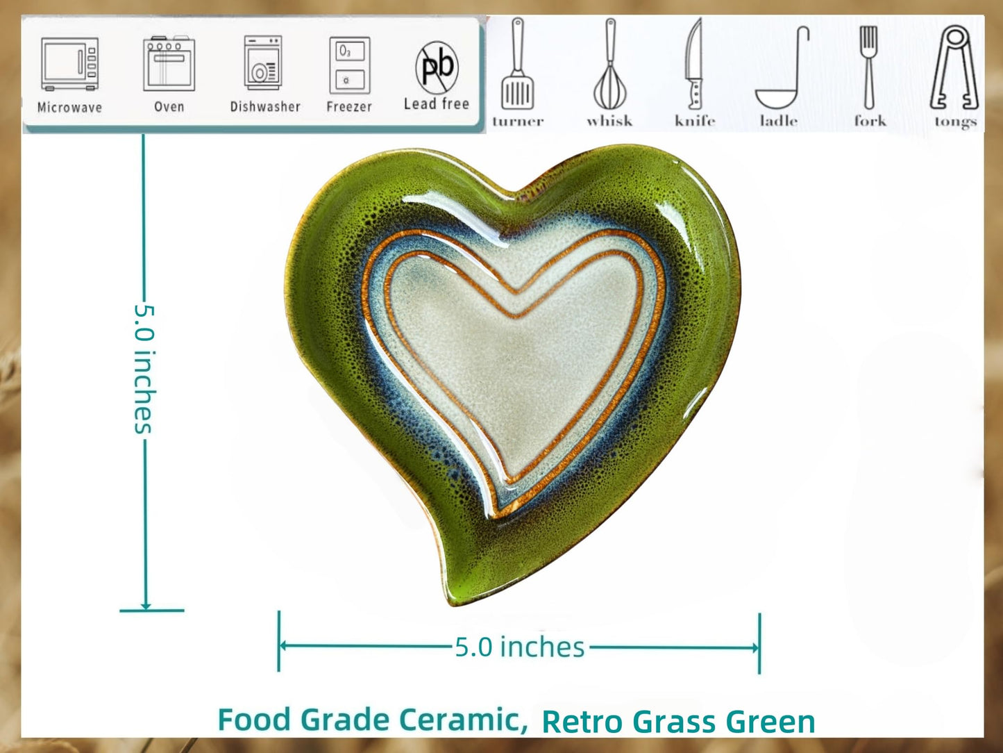 Ceramic Spoon Rest for Stove Top, Heart Cute Spoon Rest for Kitchen Counter, Cooking Spoon Holder for Kitchen Counter, Utensil Rest Spatula Rest Ladle Holder Tong Rest (Retro Grass Green)