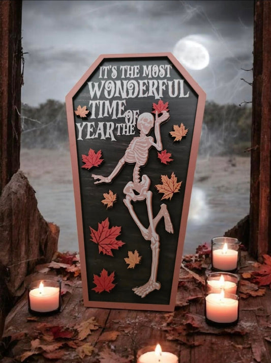 Wooden Coffin Sign with Dancing Skeleton, Black with an Oak colored frame, 3D Fall Decor, 11.8x6.89 Inch, Indoor Outdoor Wall Art
