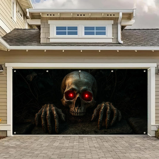 BlissYard Halloween Garage Door Cover 13x6ft Creepy Skull Banner Red Eye Skeleton Backdrop Scary Garage Door Decoration for Haunted House Outdoor Trick or Treat Yard Decor