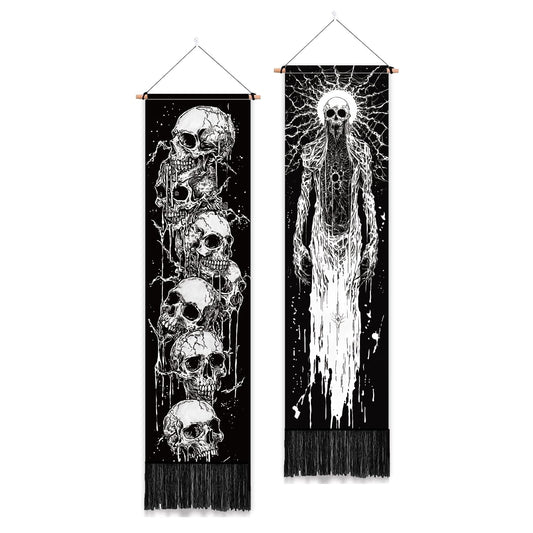 PLIGREAT 2 Pack Skeleton Tapestry with Tassels, 52" x 13" Black and White Aesthetic Wall Hanging Goth Style Vertical Home Art Tapestry for Bedroom Living Room Long Narrow Wall Hanging Art Decor