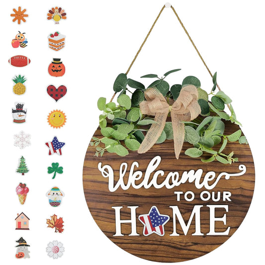 Interchangeable Seasonal Welcome Sign Front Door Decoration 4th of July Wreath Rustic Round Wood Wreaths Wall Hanging Outdoor Farmhouse Porch for Spring Summer All Seasons Holiday Independence Memorial Day Decor Bless This Home