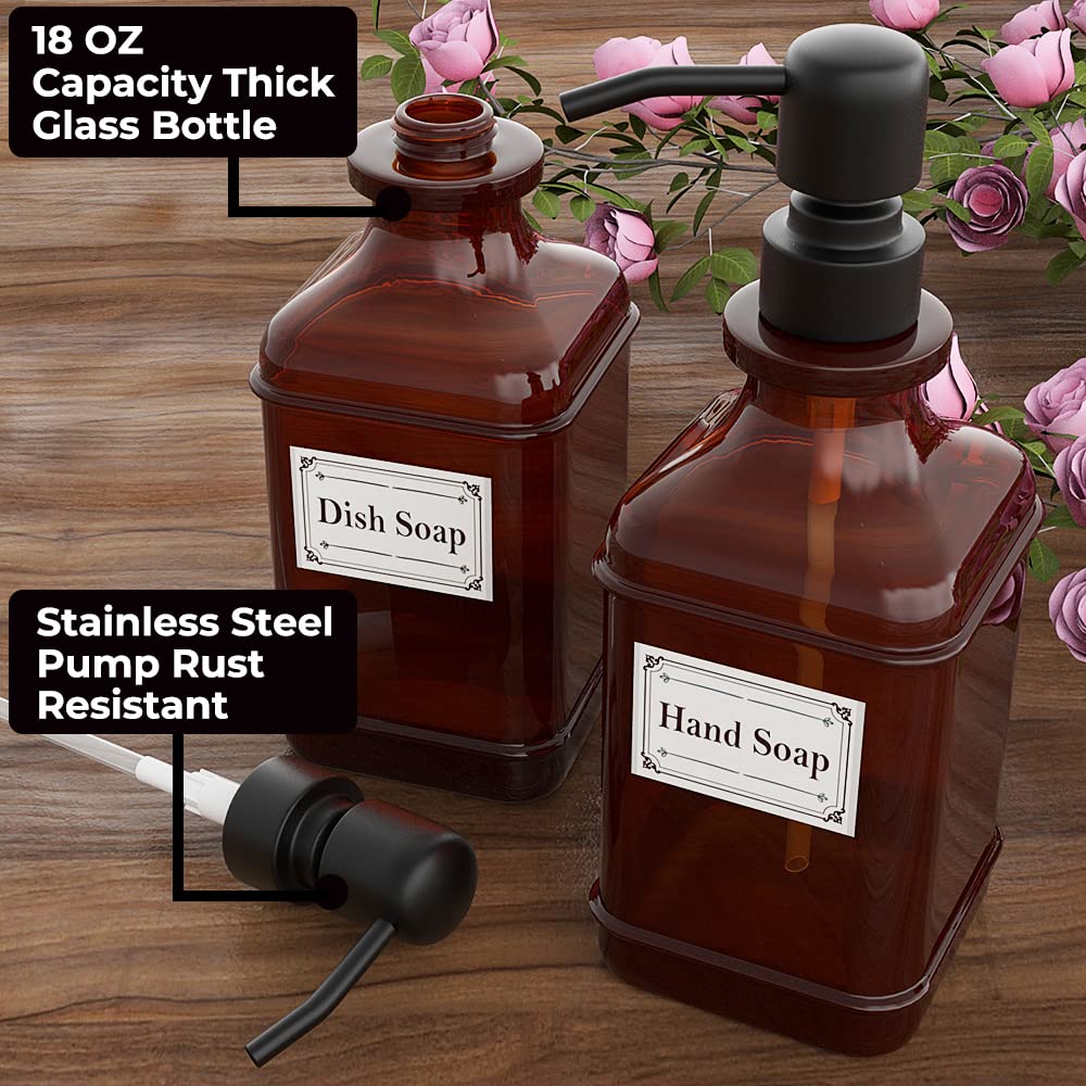 GLADPURE Soap Dispenser 2 Pack, Hand Soap Dispensers with 18 Oz Antique Design Thick Amber Glass Bottle, 316 Rust Proof Stainless Steel Black Pump, 6Pcs Stickers, for Lotion, Soap, Essential Oil
