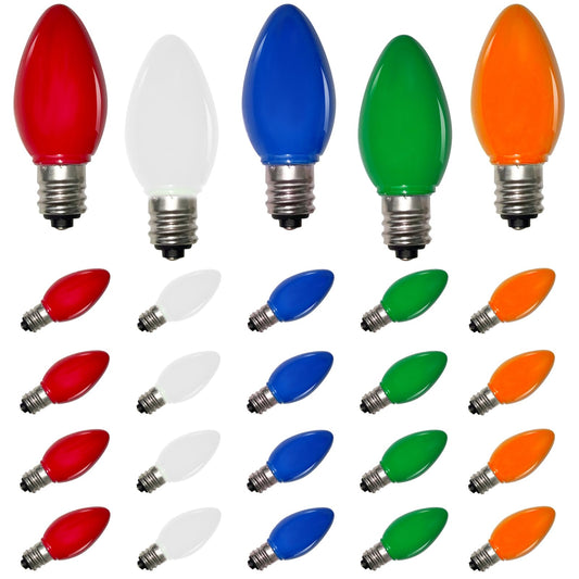 SUNSGNE 25 Pack C7 LED Multicolor Christmas Replacement Light Bulbs for Christmas Indoor Outdoor String Lights, E12/C7 Candelabra Base, 0.6 Watt