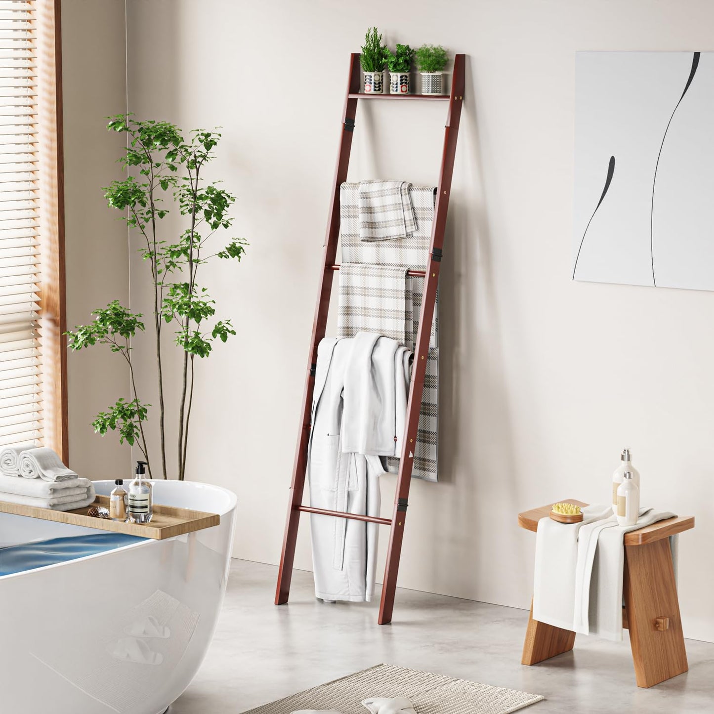 BAMBANG 6-Tier Blanket Ladder for Living Room, Blanket Quilt Ladder Rack Rustic Decorative Towel Holder, Wall Leaning Blanket Ladder Shelf Storage Farmhouse Decor for Bedroom Bathroom, Brown