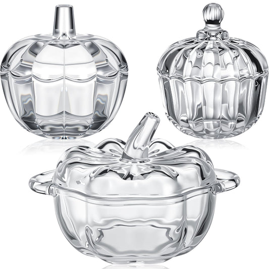 Mimorou 3 Pcs Glass Pumpkin Candy Jar Thanksgiving Clear Candy Bowl Storage with Lids 3 Sizes Fall Cute Snack Crystal Jars for Home Decoration Thanksgiving Centerpieces Wedding Party