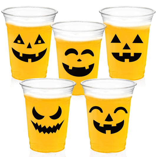 CUPLOOV 100 Pack Halloween Plastic Cups Clear 12Oz Disposable Pumpkin Cups With 5 Styles Patterns for Kids Adults Party Favors, Coffee, Wine, Hot and Cold Drinks