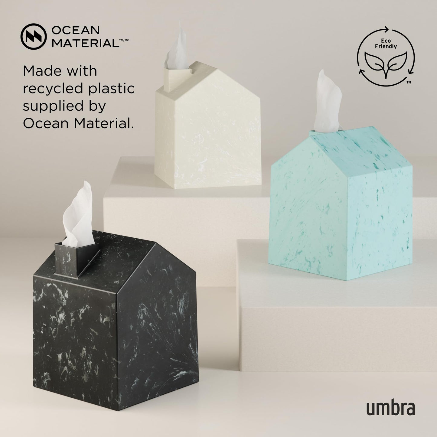 Umbra Casa Tissue Box Cover â€“ Modern House-Shaped Tissue Box Holder for Standard Square Boutique Tissue Boxes,Ocean Materials® Plastic, Bathroom & Home Décor, Ocean Sand