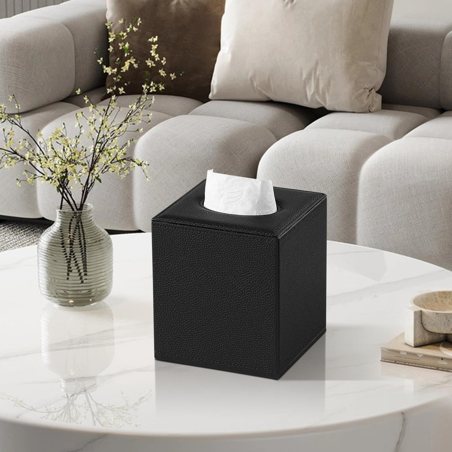 JLAMBOM PU Leather Tissue Box Cover Square Tissue Box Holder with Magnetic Closure, Decorative Tissue Holder for Bathroom Bedroom Office (Black)