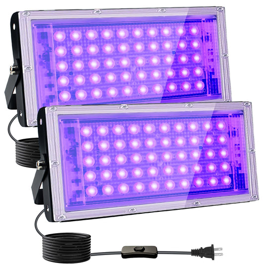 Indmird 2 Pack 50W Black Lights, Blacklight Flood Light with Plug and Switch,for Glow Party, Halloween, Fluorescent Poster, Body Paint