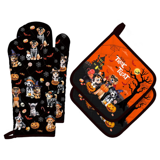 Arquiel Halloween Dog Oven Mitts and Pot Holders Sets 4Pcs, 100% Cotton Heat Resistant, Extra Long Oven Gloves Potholder for Kitchen Cooking Baking Decoration