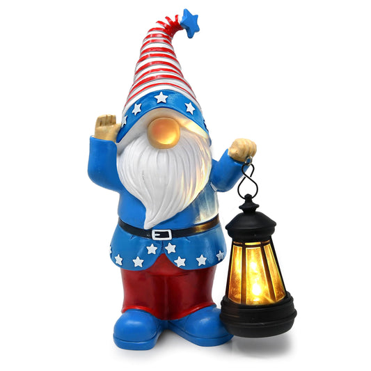 Gift Boutique Patriotic Gnome Decor with Lantern Red White Blue Garden Statue 11in Tall Indoor Outdoor Holiday Yard Decoration Memorial Day 4th of July Porch Accent