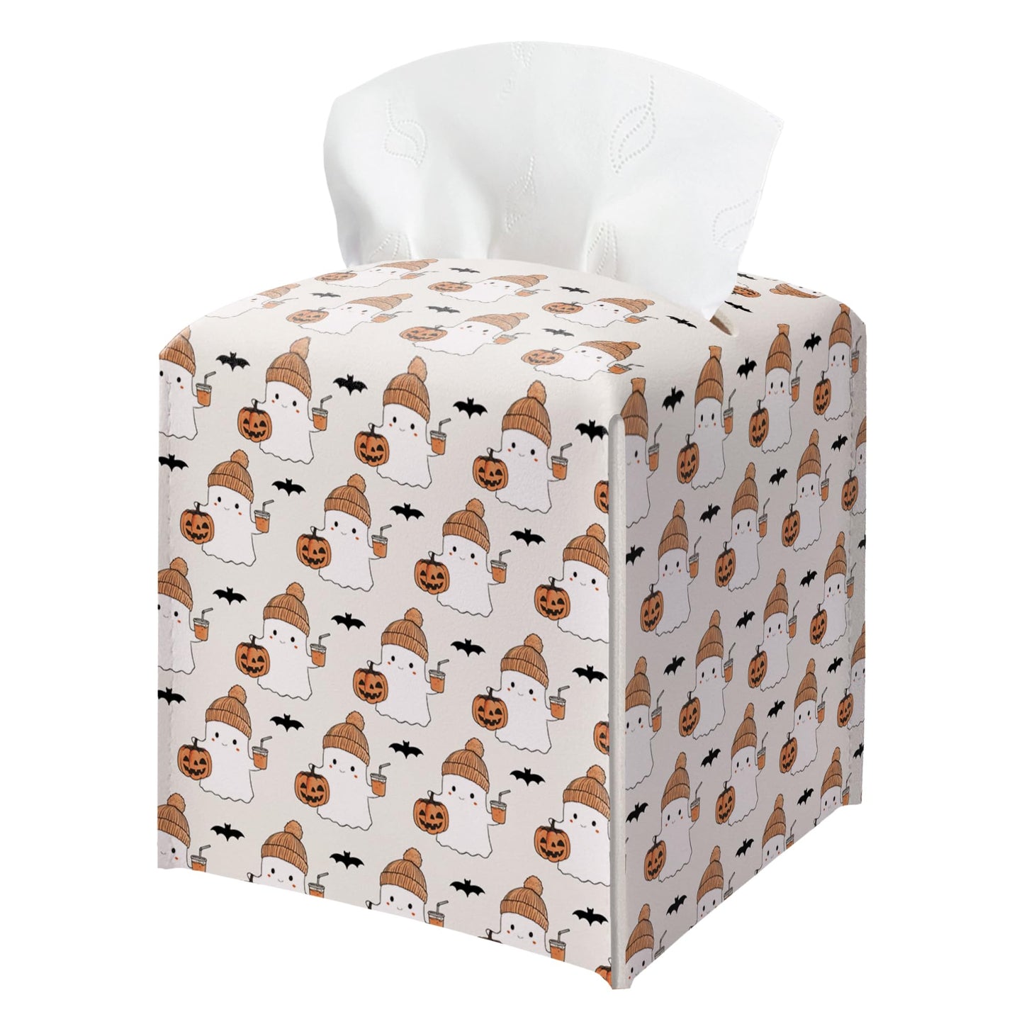 Halloween Tissue Box Holder, Cute Ghost Leather Tissue Box Cover Square, Halloween Facial Paper Organizer Dispenser Toilet Paper Holder for Bathroom Kitchen Office Home Decor-A07