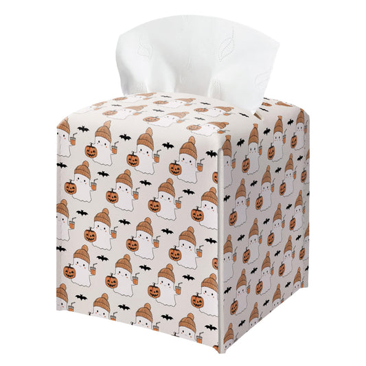 Halloween Tissue Box Holder, Cute Ghost Leather Tissue Box Cover Square, Halloween Facial Paper Organizer Dispenser Toilet Paper Holder for Bathroom Kitchen Office Home Decor-A07