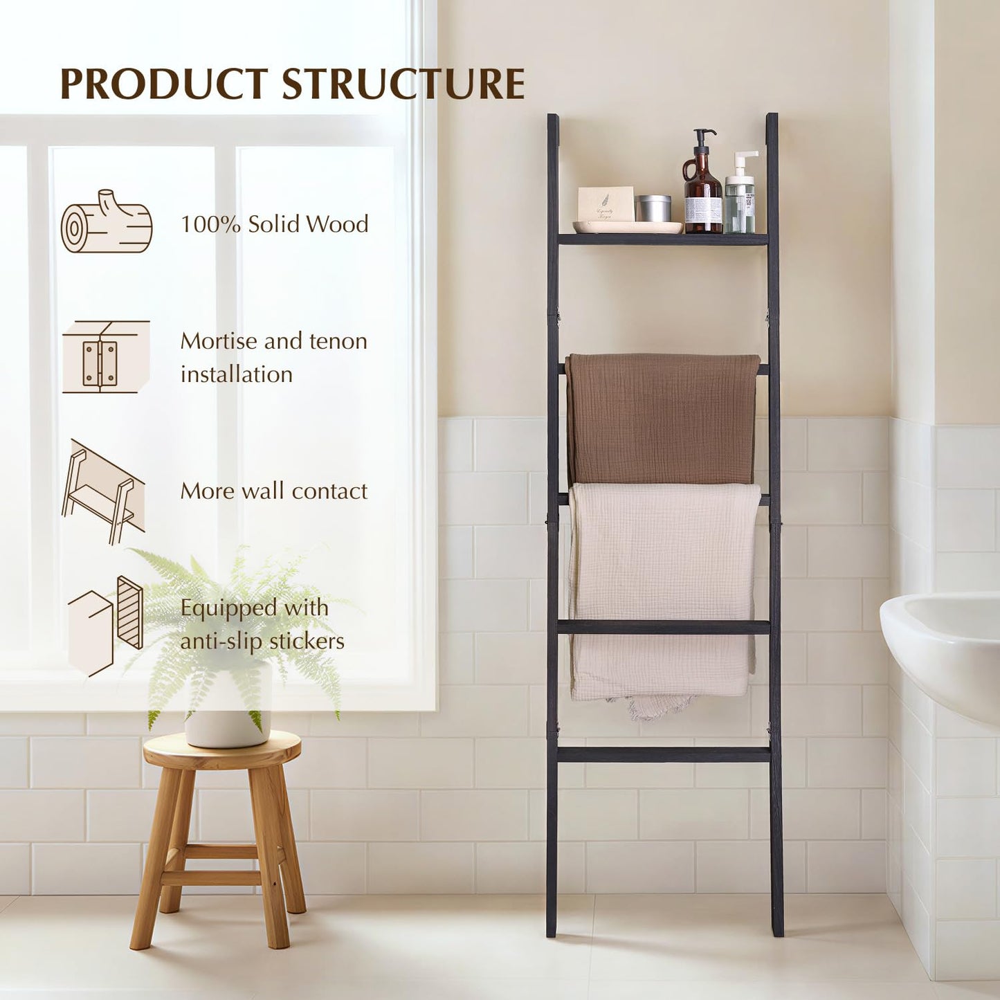 KOSKOG Blanket Ladder with Top Shelf, 5-Tier Wood 64” Decorative Ladder for Living Room Throws, Bedroom Quilt, Bathroom Towel & Toiletry Storage, Home Decor Stand (Black)