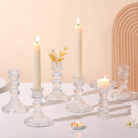 DARJEN 6Pcs Clear Candlestick Holders Set - 4" H & 5" H Striped Taper Candle Holders Bulk, Glass Candle Holders for Wedding, Festival, Party, Table Centerpiece, Gifts