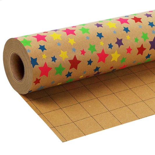 BIOBROWN Kraft Wrapping Paper Roll Colorful Stars Design Perfect for Birthday Holiday Wrap 17 inch X 33 feet