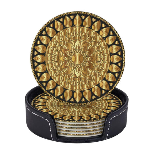 BOXIMIAO Drink Coasters with Holder Stand Set of 6, Pu Leather Absorbent Coasters with Cork Base Table Coaster Round Coasters for Housewarming Apartment Kitchen Bar Decor Mandala Art Floral Gold