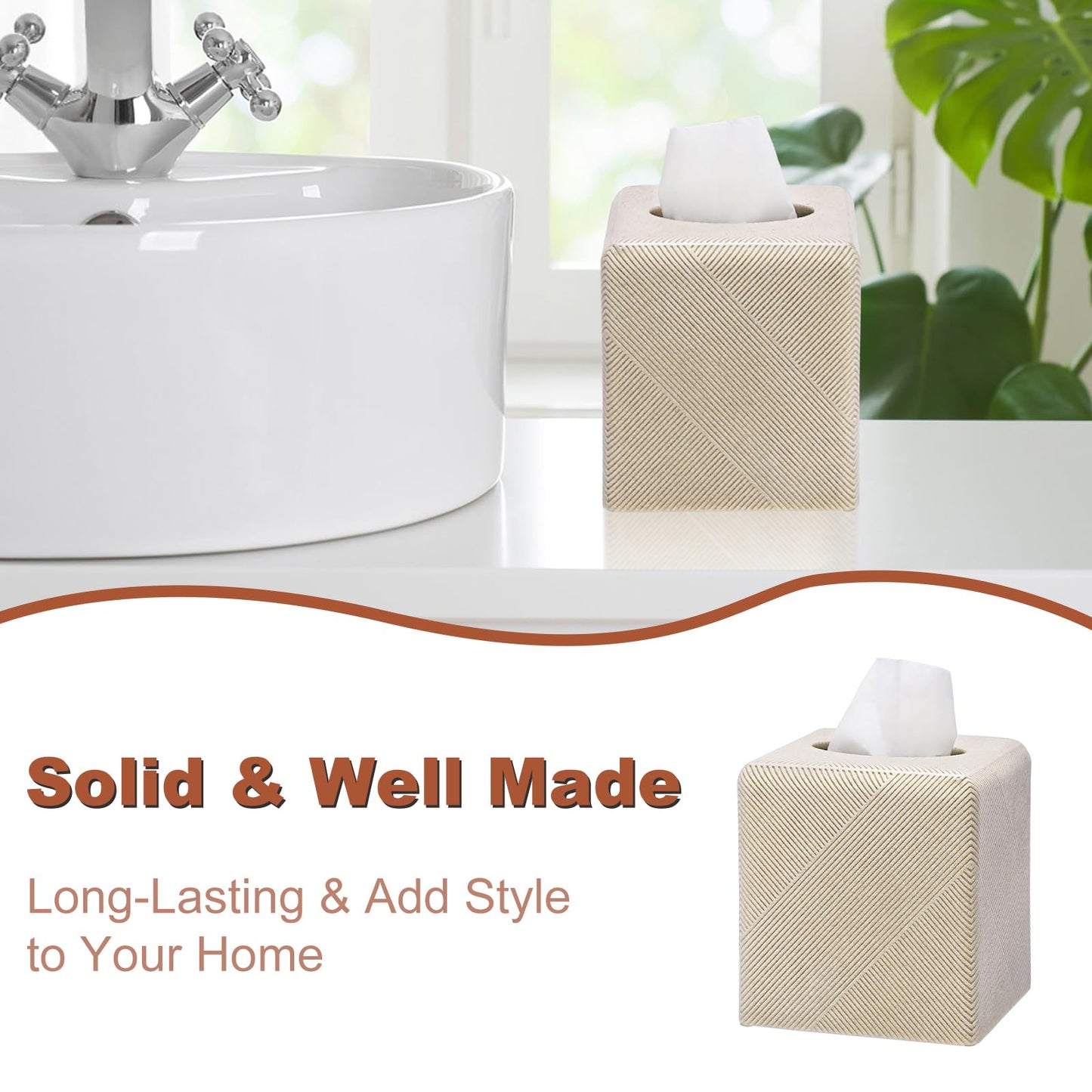 Twill Texture Tissue Box Cover Square, Resin Facial Tissue Holder Covers Square Cube Tissue Box Holder with Open Bottom for Bathroom Vanity Tops, Bedroom Dressers, Kitchen Countertop, Travertine Beige