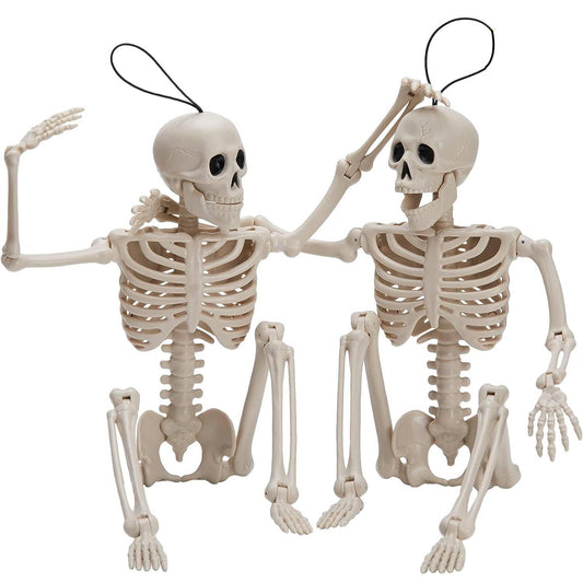 JOYIN 2PCS 16" Halloween Skeleton Decor, Full Body Stayable Movable Joints, Posable Hanging Skeletons for Halloween Decoration, Yard, Graveyard, Haunted House Props, Spooky Scene Party Favor