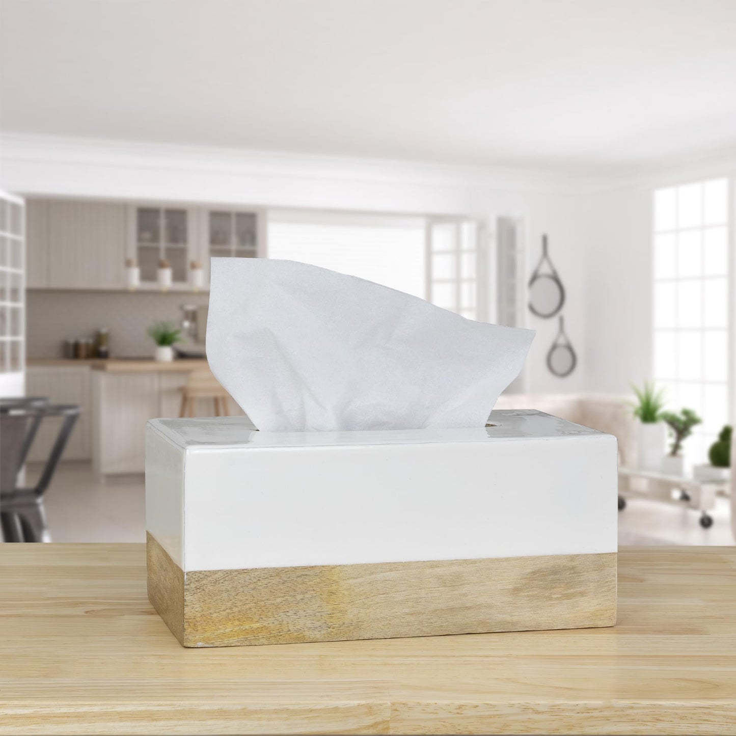 AuldHome Design Rectangular Tissue Box Cover (Enamel/Mango Wood); Minimalist Scandinavian Decor White Oblong Tissue Holder