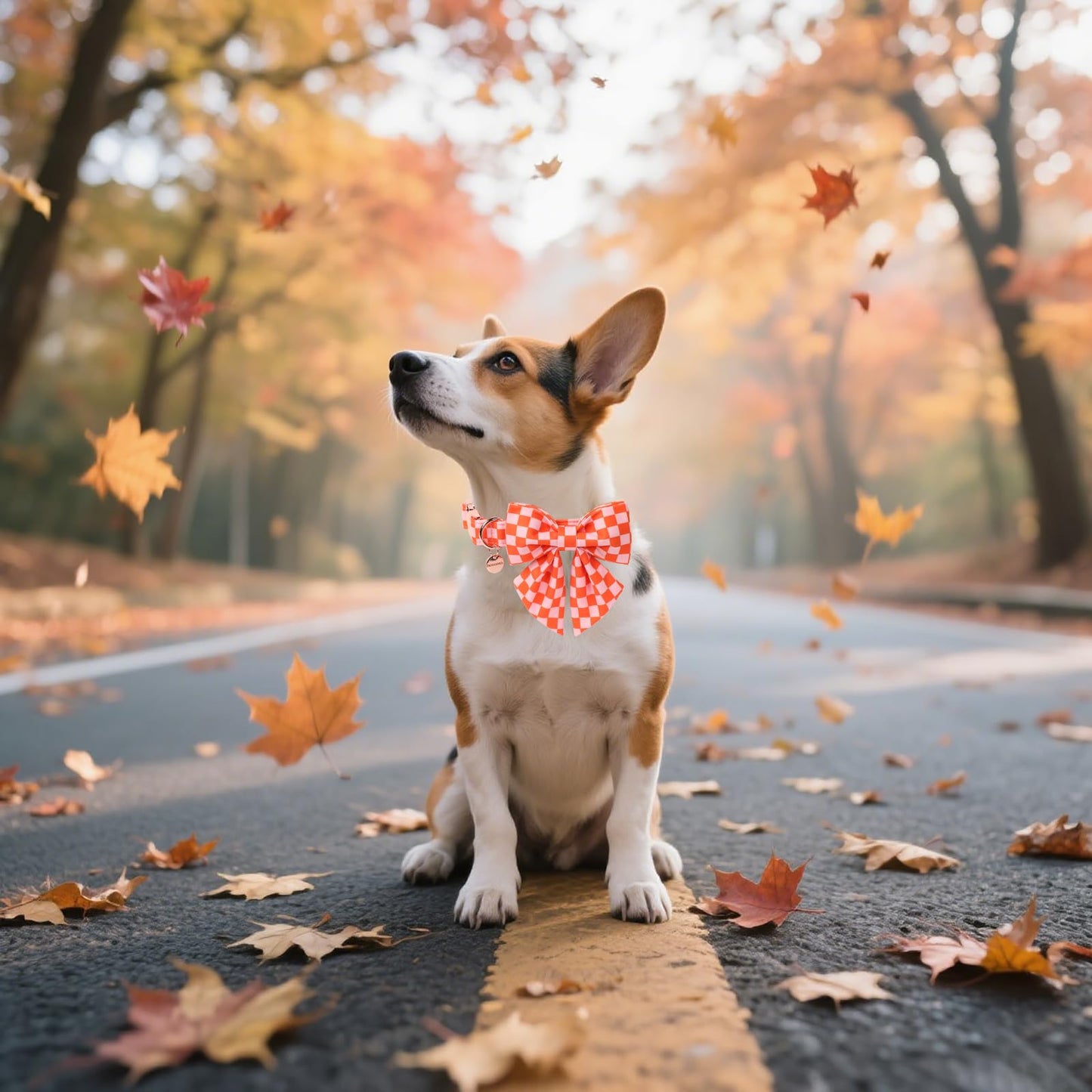 DOGWONG Orange Pink Plaid Dog Collar with Bow - Adjustable and Comfortable Autumn Dog Collar Fall Necklace for Large Medium Small Pet,M