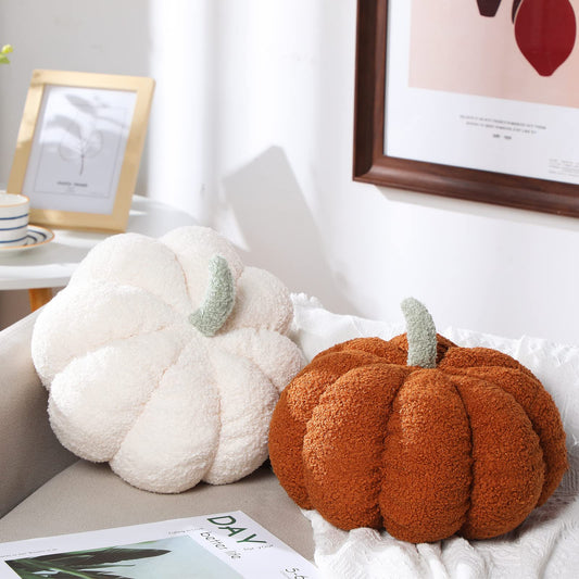 Kajaia 2 Pcs Simulated Pumpkin Plush Pillow 11 x 9.5 Inch 3D Cushion Fall Decorations Stuffed Throw Pillows Toy for Fall Halloween Thanksgiving Bedroom Sofa Couch Supplies (White,Brown)