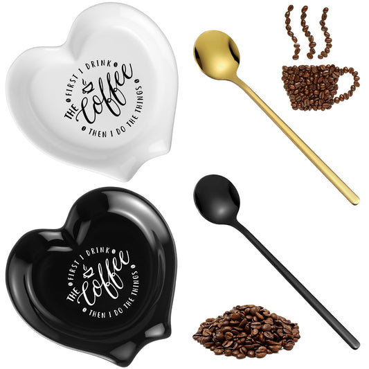 FoldTier 2 Pcs Ceramic Coffee Spoon Rest with Spoon Small Heart Black White Stirrer Holder Bar Station Accessories Decoration Lover Housewarming Gift(Rest But First Coffee)