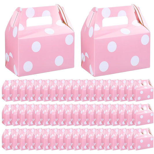 TecUnite 50 Pcs Pink Polka Dot Party Favors Boxes Large Treat Candy Gift Boxes with Handles 6.3 x 6.3 x 3.5 Inches for Birthday Halloween Christmas Party Supplies