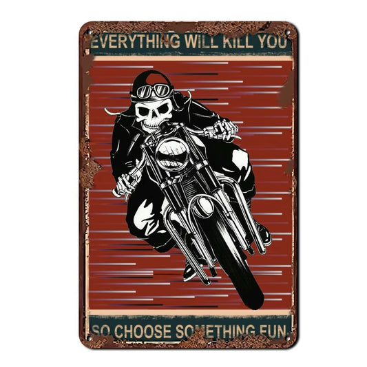 Creative Tin Sign Skeleton Auto Racing Funny Novelty Metal Sign Retro Motorcycle Wall Decor for Home Gate Garden Restaurants Cafes Office Store Club Sign Gift 12 X 8INCH Plaque Tin Sign
