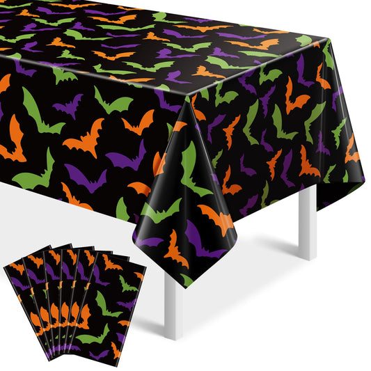6 Pcs Bat Halloween Tablecloths Decoration, Disposable Colorful Bat Tablecloth for Rectangle Table, Spooky Plastic Table Cover for Birthday Halloween Party Supplies, 54x108 Inches