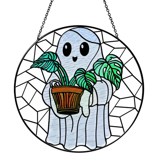 RVEAFA Cute Ghost Plant Stained Glass Sun Catcher Window Hanging Plant Lovers Gifts for Women Wall Decor Handmade SunCatcher Decoration for Garden Home Decor, 7.87inch