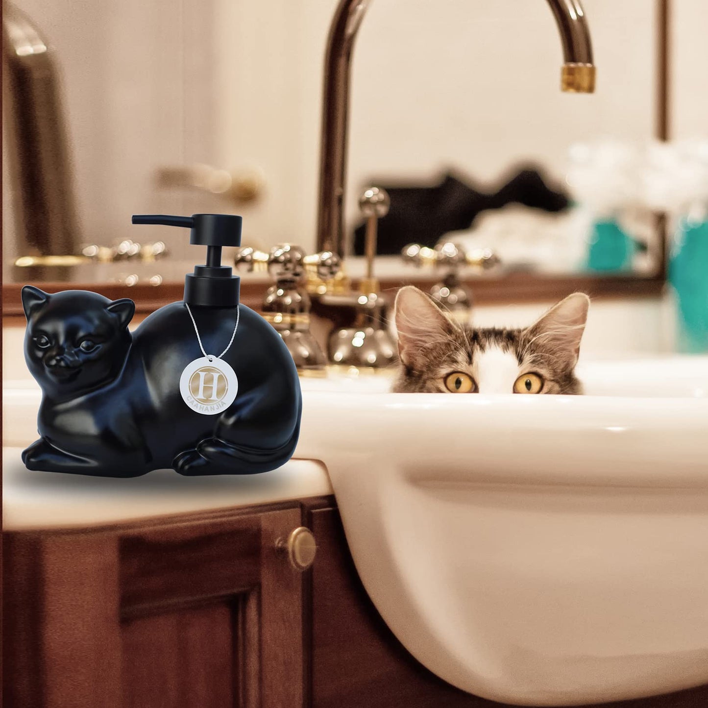 Caahanjia Black Liquid Soap Dispenser, Ceramic Cat, Refillable Wash Liquid Soap Hand Soap for Bathroom Kitchen
