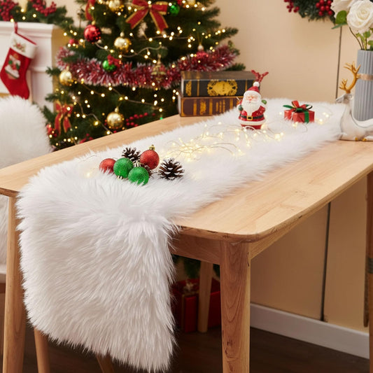 Christmas Table Runner, Thanksgiving Modern Small White Fur Table Runner for Party Birthday Friendsgiving Wedding Dinning Table, Decorative Rug Luxury Faux Fur Runner for Table (11.8x59.1inch)