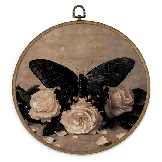 Gnmduw Dark Academia Butterfly Floral Wall Art Framed, Vintage Moody Moth Round Hanging Wall Decor, Witchy Butterfly Moth Canvas Prints Art for Bathroom Gallery Living Room, 10x10 In