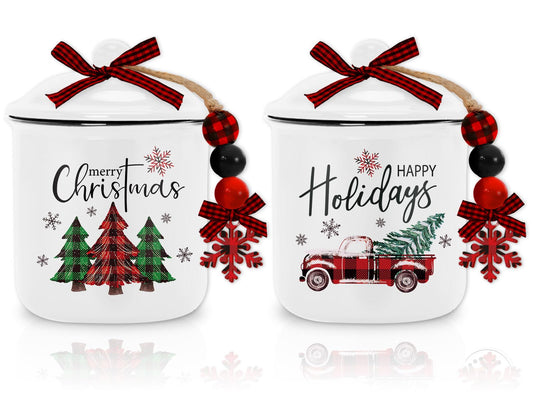 Whaline 2Pcs Christmas Mini Ceramic Canister Red Green Plaid Xmas Tree Truck Snowflake Mini Jar Holiday Candy Holder with Lid Bow for Xmas Winter Home Decor Storage Accessory