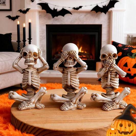 EMINGSKY 3 Pcs Halloween Skull Figurine Hear See Speak No Evil Baby Skeleton Figurine 4.8 Inch Resin Home Decor for Cemetery Desk Bookshelf Office