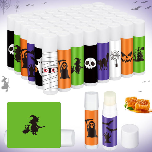 Siifert 20 Pcs Halloween Lip Balm Gifts Bulk Mummy Witch Ghost Black Cat Skull Lip Balm Favors 10 Styles Honey Flavor Spooky Party Supplies Halloween Treat Goodie Bag Stuffers for Adults Women Men