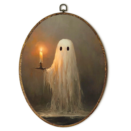 Yorhifa Halloween Ghost Framed Wall Art, Dark Academia Ghost Holding Candle Oval Wall Art, Spooky Halloween Oval Walls Decor, Vintage Gothic Canvas Artwork Hanging Decor, 8.5x11.5in