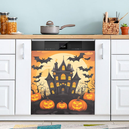 Halloween Castle Pumpkin Dishwasher Magnet Cover Panel,Magnetic Dishwasher Covers Refrigerator Sticker Decal Halloween Decorative Washing Machine Cover for Home Kitchen,23x26in