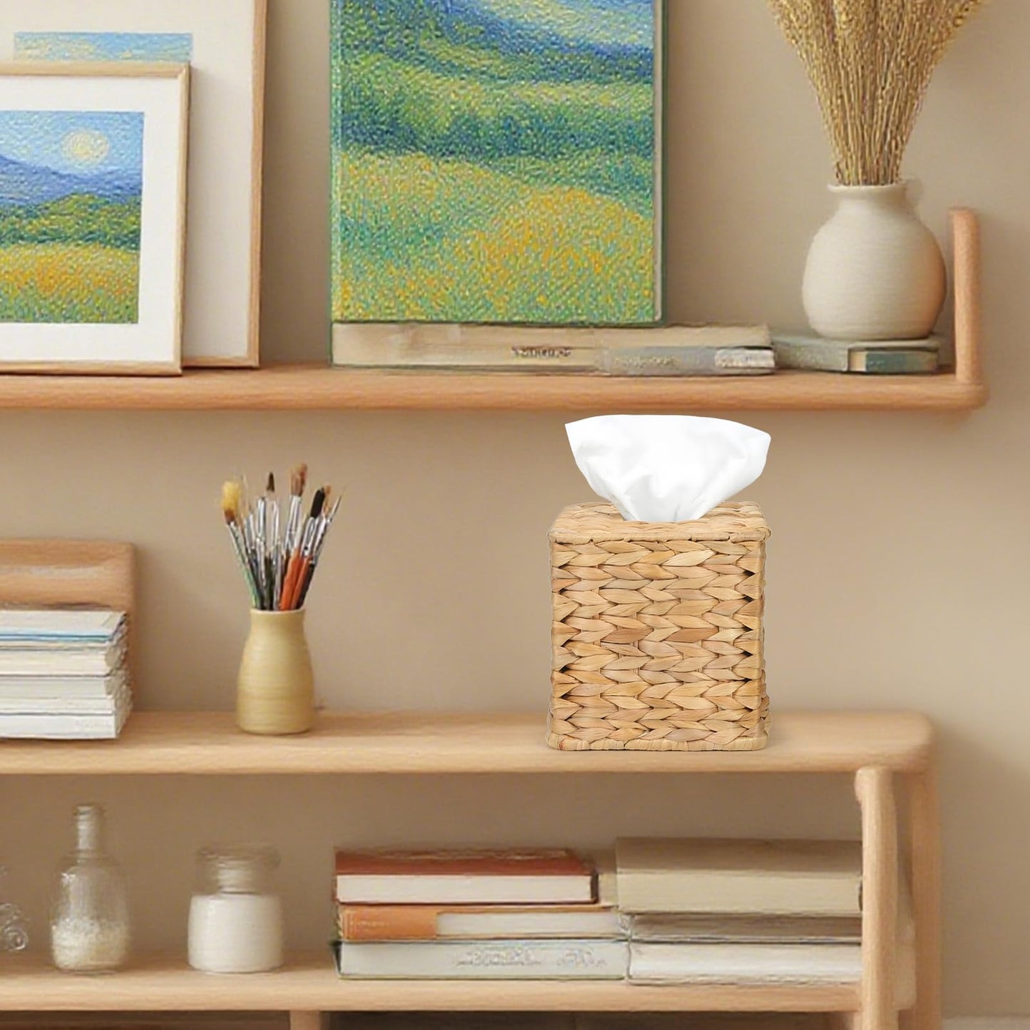MHCLUE Water Hyacinth Square Tissue Box Cover - Handwoven Natural Fiber Decorative Tissue Holder for Living Room, Bedroom, Bathroom, Fits Standard Square Tissue Boxes, Farmhouse Home Organizer