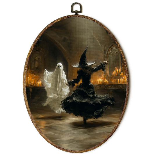 FSTCSV Ghost Witch Dancing Oval Wall Art Framed, Dark Academia Halloween Canvas Prints Wall Hanging Art, Vintage Whimsical Ghost Witch Oval Walls Decor for Home Bedroom, 8.8x11.5in