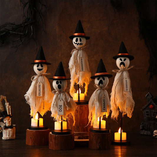VioraWhite Set of 5 Halloween Primitive Ghost Indoor Decorations Vintage Wooden Ghost with Felt Hat for Halloween Home Table Centerpieces Mantel Tiered Tray Rustic Shelf Decor Supplies