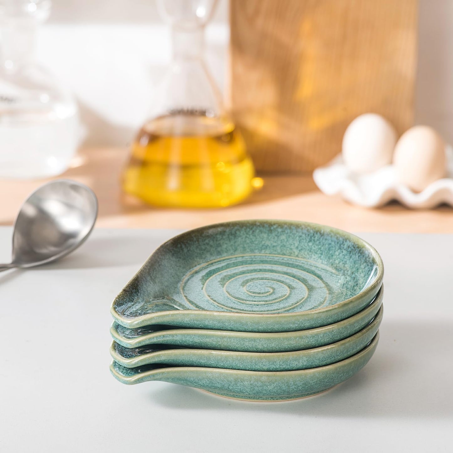 Ceramic Spoon Rest Set of 4, Reactive Glaze Spoon Holder for Stove Top & Kitchen Counter, Large Spoon Rest for Cooking Utensils, Spatula Holder, Farmhouse Kitchen Decor