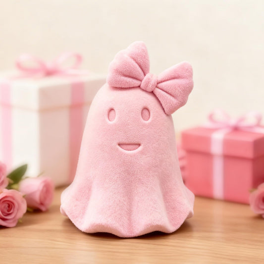 Cute Pink Ghost Ceramic Statues with Flocked Surface, Small 3.93 Inch Ghost Figurine Home Decor Modern Style Figurine Decorative Ornaments for Living Room, Bedroom, Office Desktop, Cabinets - Pink Bow