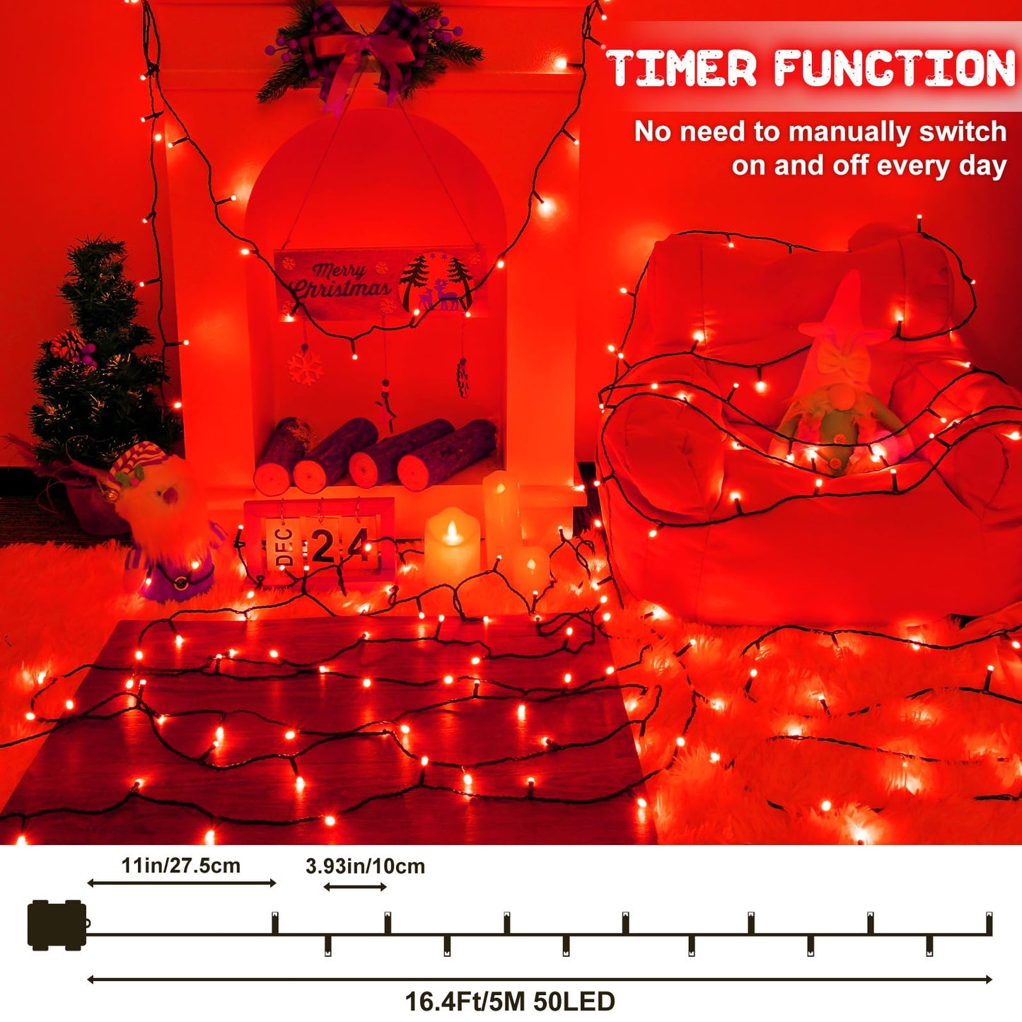 FFZZKJ Red Christmas Lights Outdoor Battery Operated String Lights Total 100LED 33Ft with Timer 8 Modes 16.4Ft*2 Waterproof Outdoor Indoor for Christmas Decor, Red, 2-Pack