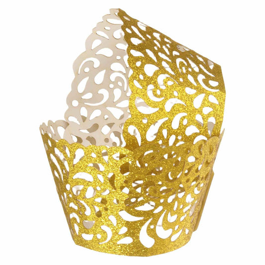 HARFINGTON 100 Pcs Lace Cupcake Liners Hollow Water Drop Designed Hollow Out Cupcake Wraps Artistic Bake Cake Paper Cups for Anniversary Birthday Weddings Parties, Yellow